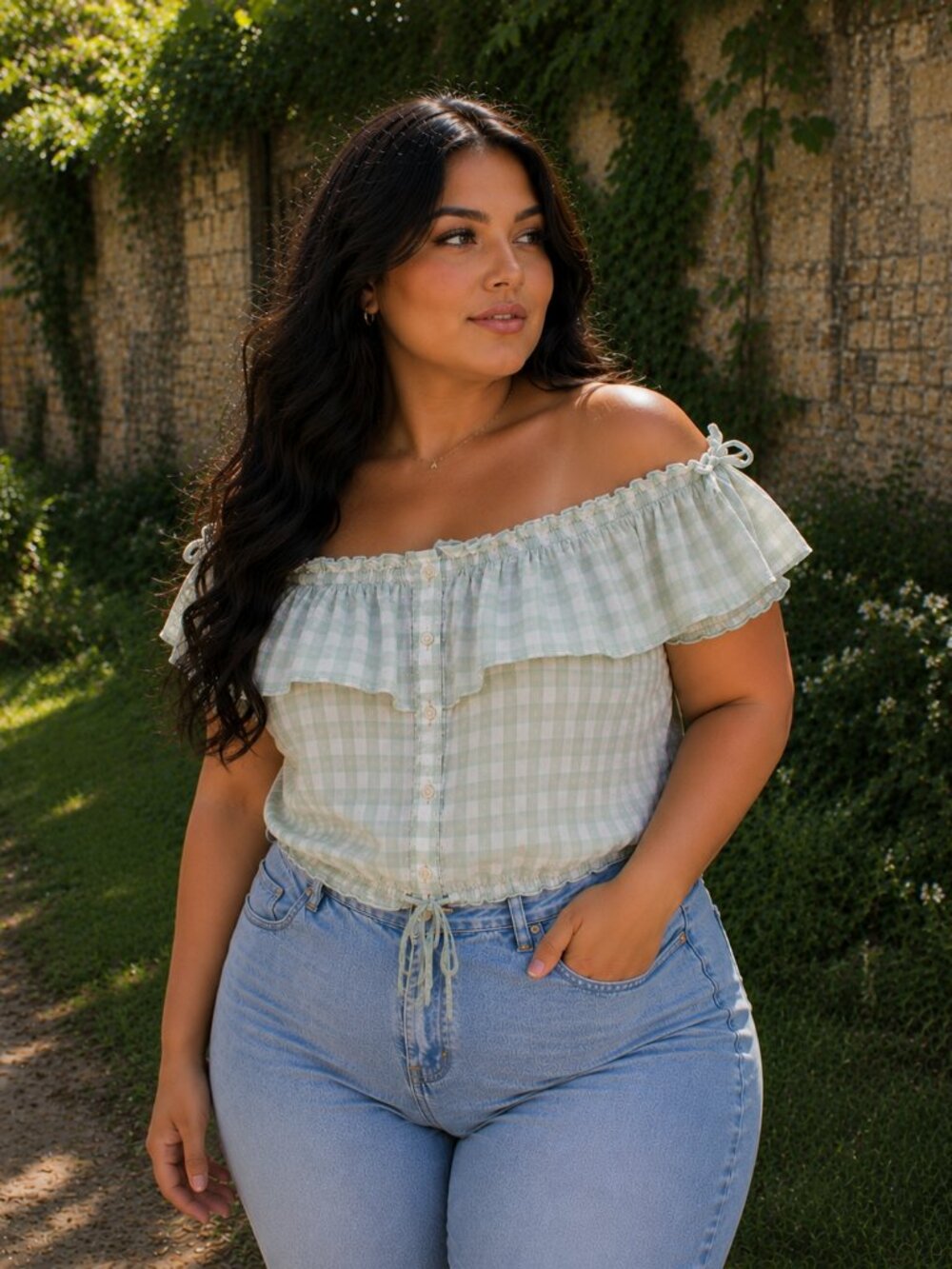 Boutique Cottagecore Off Shoulder Gingham Ruffle Top Plus Size Styling Inspo